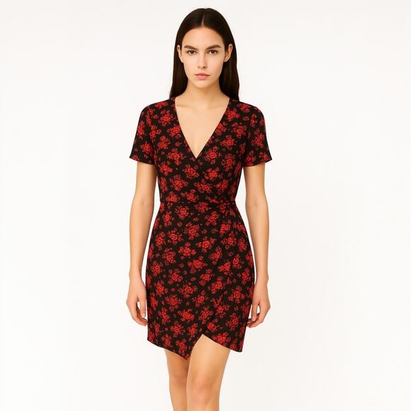 Club Monaco Esquinah Black Red Floral Short Sleeve Ruched Mini Wrap Dress Size 4 - Picture 1 of 6
